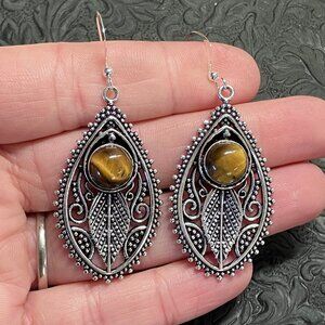 Witchy Fairy Core Boho Nature Vibes Tigers Eye Filigree Earrings